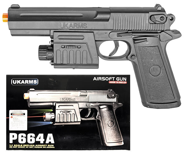 P664A Airsoft Spring Pistol with Laser and Red/Blue and Green LED Lights - Tophatter's Army Products & Self Defense Collectible Weapons - Tophatter Daily Deals