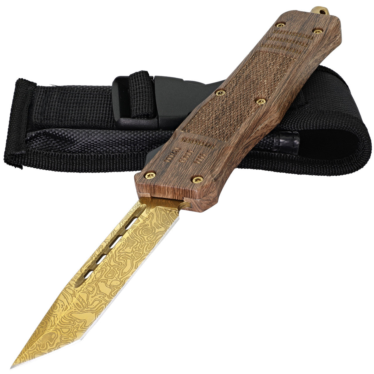 9.5" Damascus Textured Gold Tanto Blade Wood Design Handle OTF Knife - Tophatter's Guns'N'Weapons Store - FREE SHIPPING Collectible Weapons - Tophatter Daily Deals