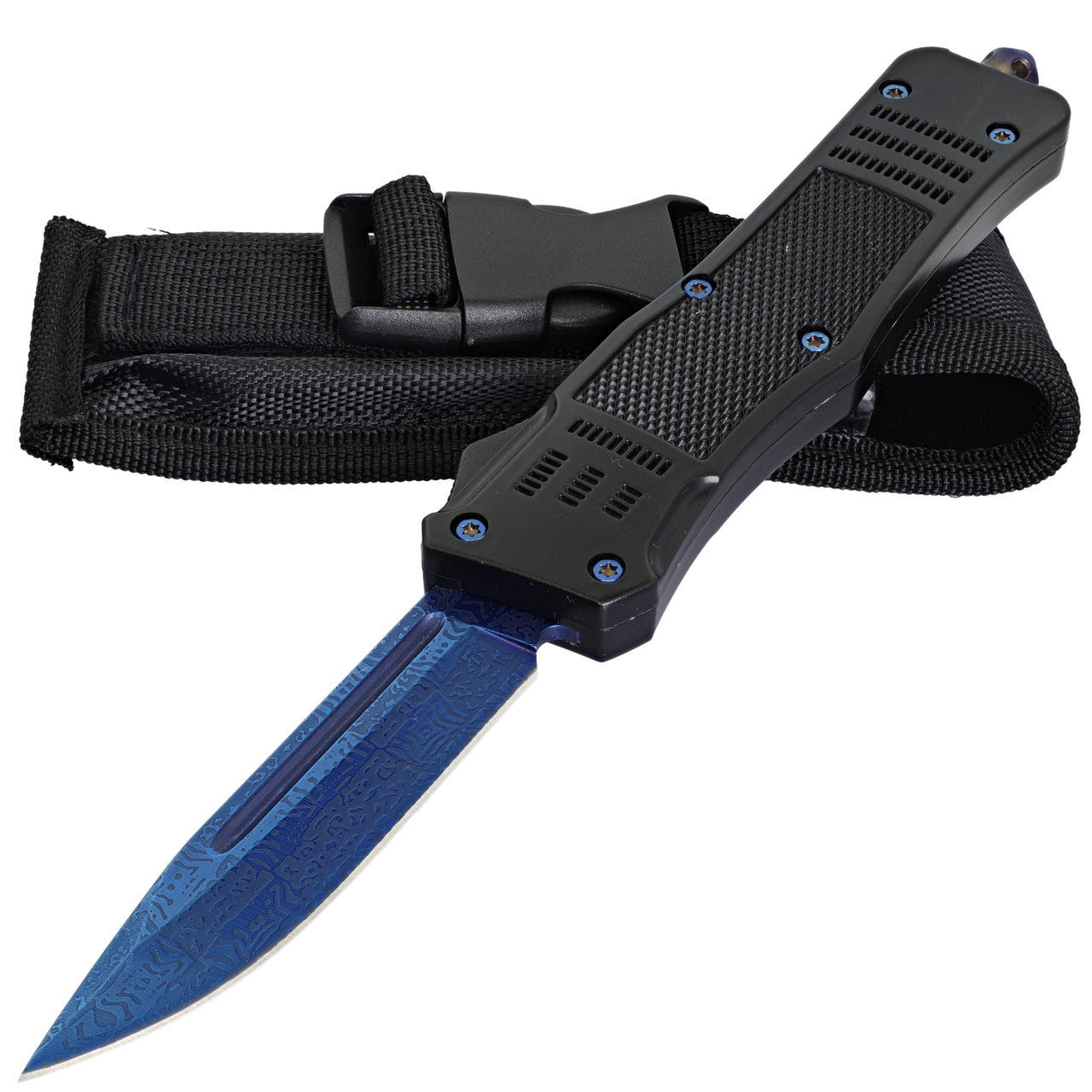 9.5" Damascus Textured Blue Clip Point Blade OTF Out the Front Knife - TOPHATTER'S ARMORY DEALS Collectible Weapons - Tophatter Daily Deals