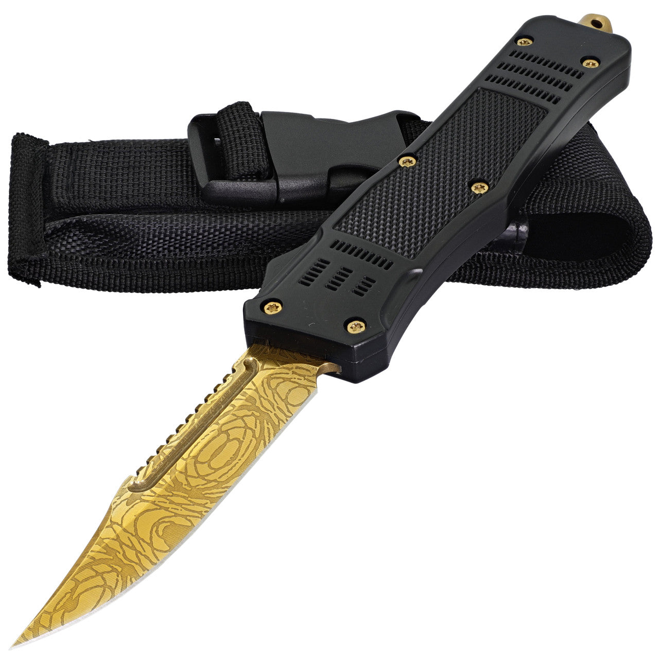 9.5" Damascus Textured Gold Clip Point Blade OTF Knife - TOPHATTER'S ARMORY DEALS Collectible Weapons - Tophatter Daily Deals