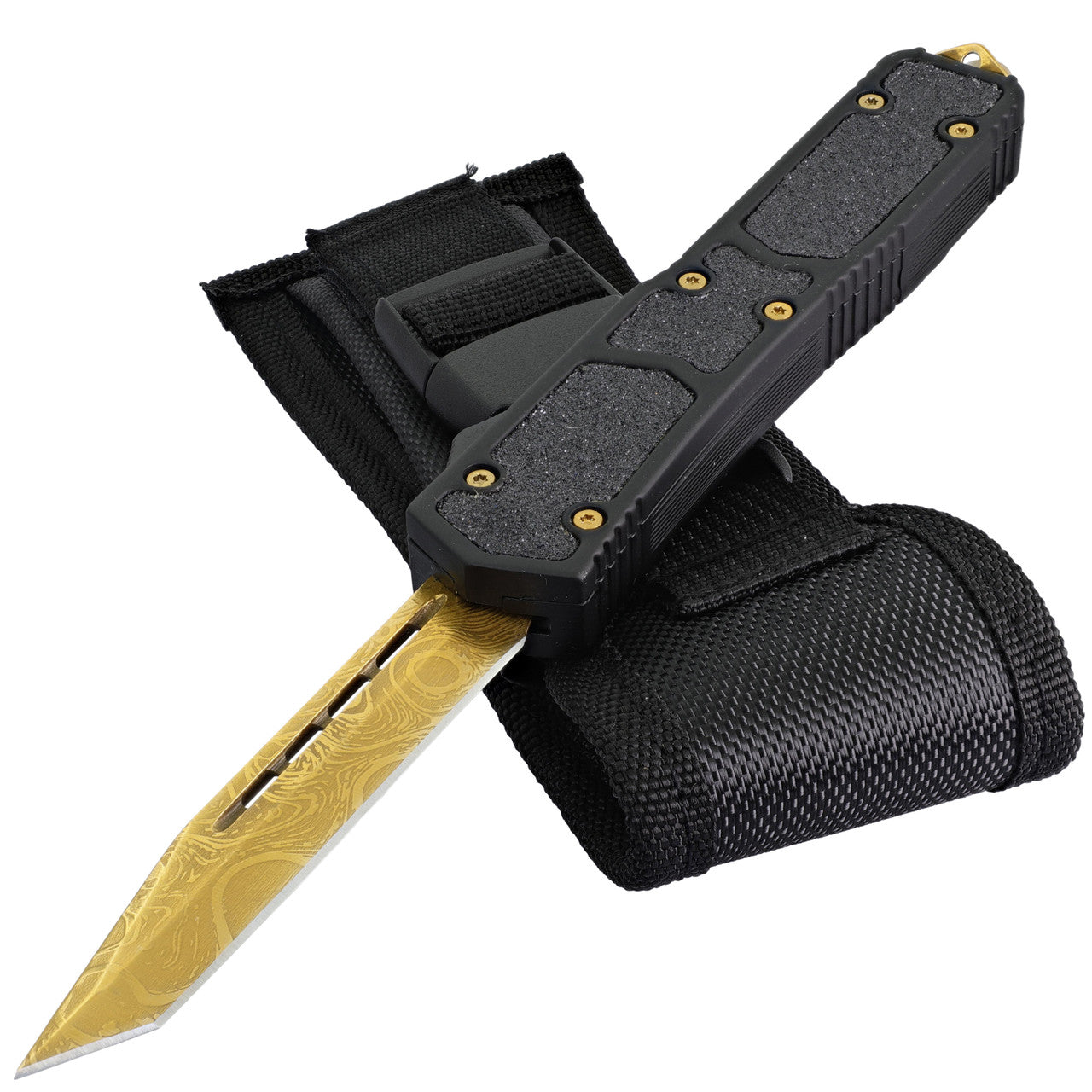 8.5" Burning Light Etched Damascus Pattern Gold Tanto Blade Automatic OTF Knife - TOPHATTER'S ARMORY DEALS Collectible Weapons - Tophatter Daily Deals