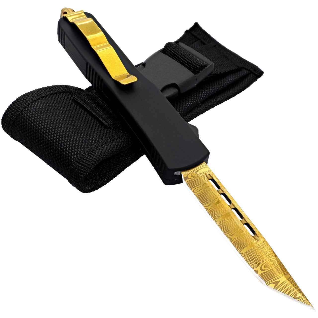 8.5" Automatic Out the Front OTF Damascus Pattern Golden Tanto Blade Knife - Tophatter's Guns'N'Weapons Store Collectible Weapons - Tophatter Daily Deals