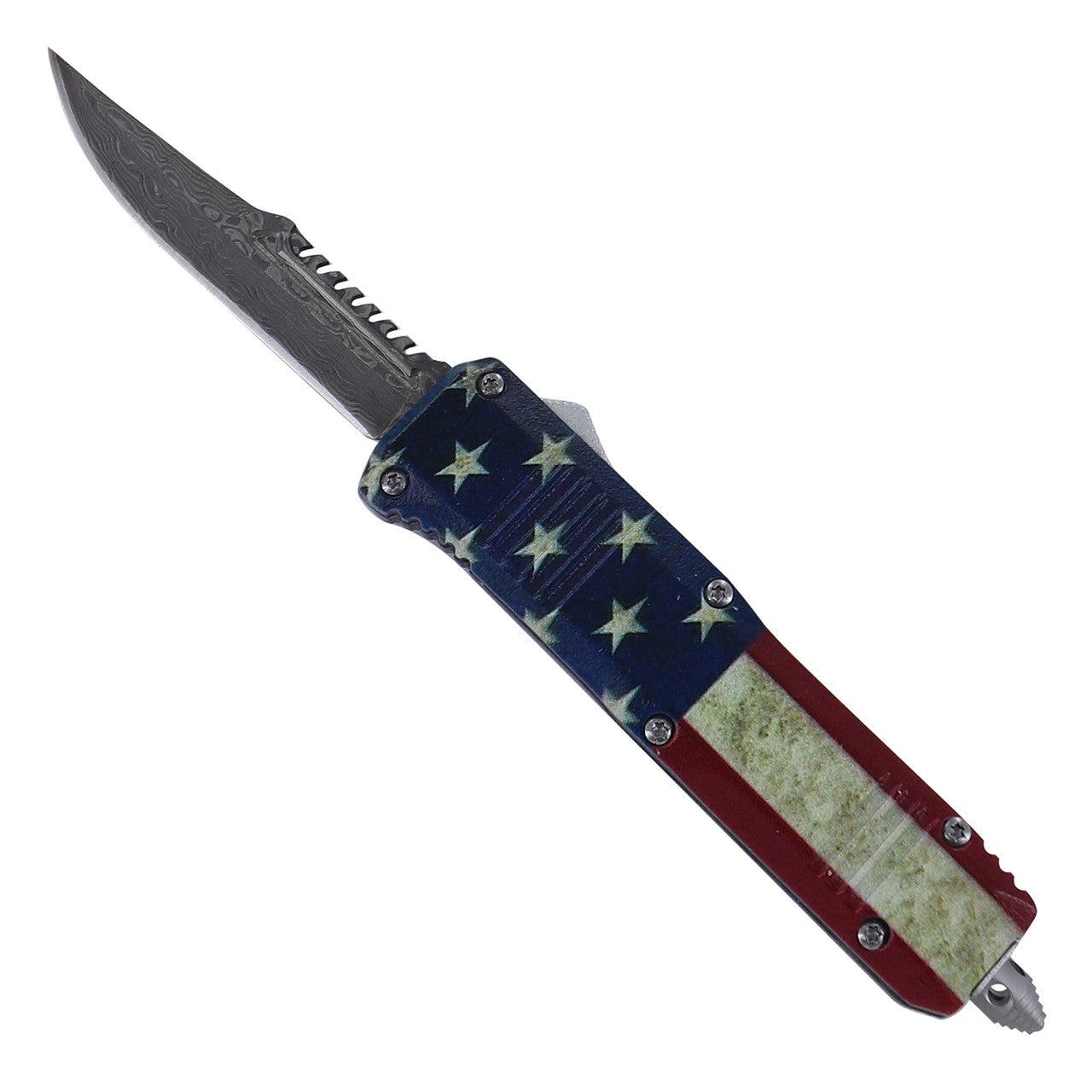 6.9" Red White and Blue-Blooded Damascus Steel Automatic OTF Knife - Tophatter's Guns'N'Weapons Store Collectible Weapons - Tophatter Daily Deals