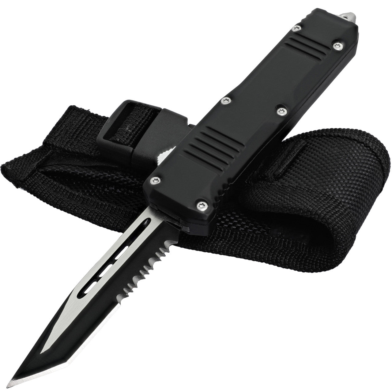 7" Automatic Blackout OTF Out the Front Knife Serrated Tanto Blade - TOPHATTER'S ARMORY DEALS Collectible Weapons - Tophatter Daily Deals