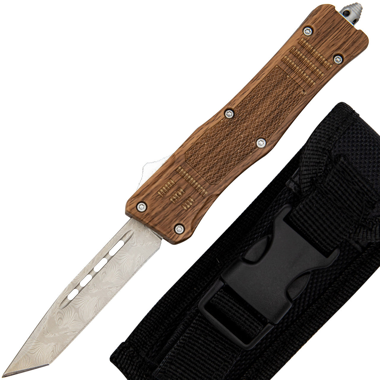 7" Woodland Damascus Textured Tanto Blade Automatic OTF Knife - TOPHATTER'S ARMORY DEALS Collectible Weapons - Tophatter Daily Deals