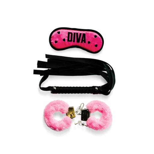 Bizarre Video Diva Bondage Kit with Pink Satin Blindfold, Faux-Fur Lined Handcuffs, and Black Mini Flogger > Bondage Gear > Bondage Kits - Tophatter Daily Deals