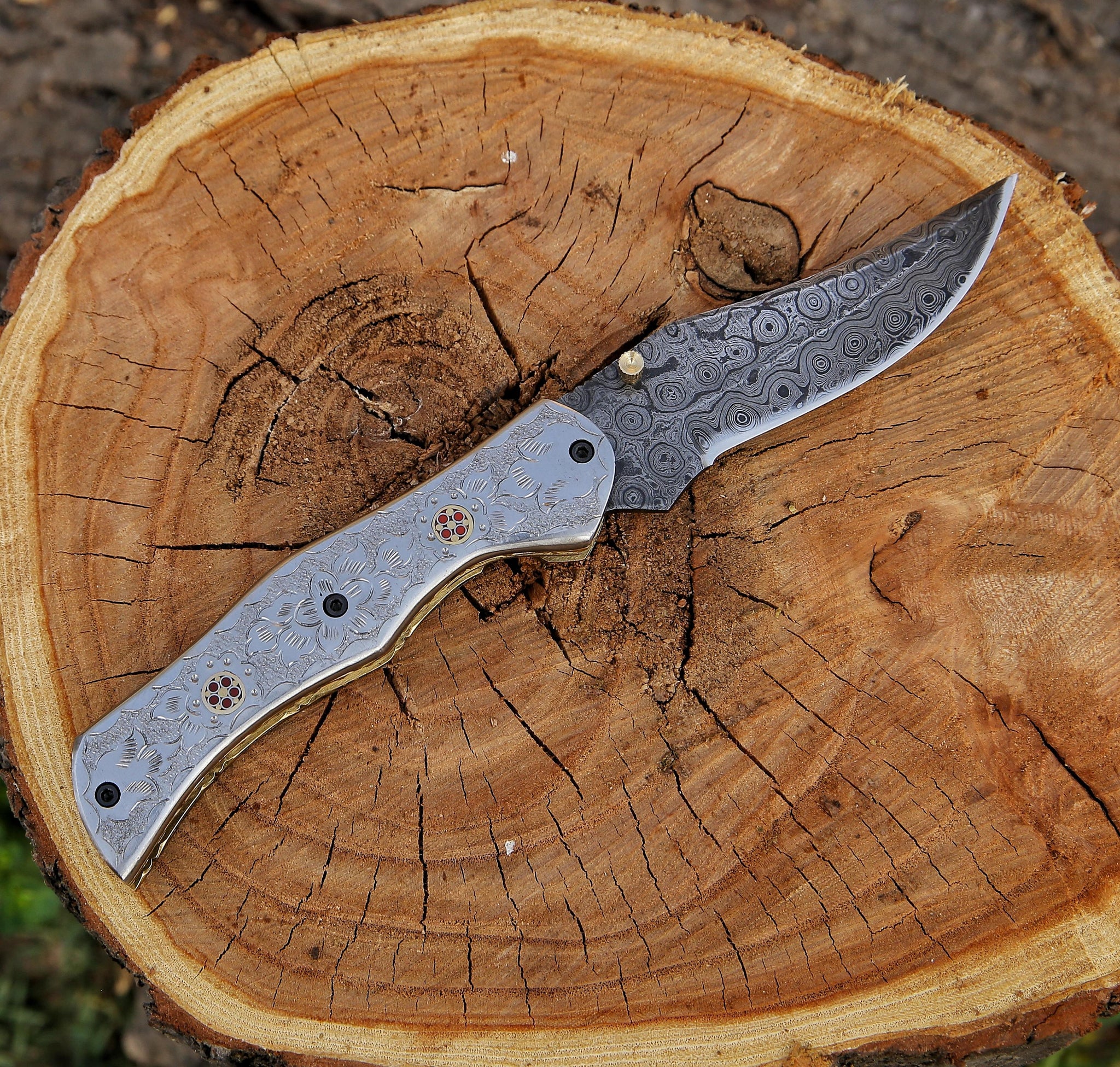 8.7" Damascus Steel Custom Handmade Folding Pocket Knife Engraved Handle - TOPHATTER'S ARMORY DEALS Collectible Weapons - Tophatter Daily Deals