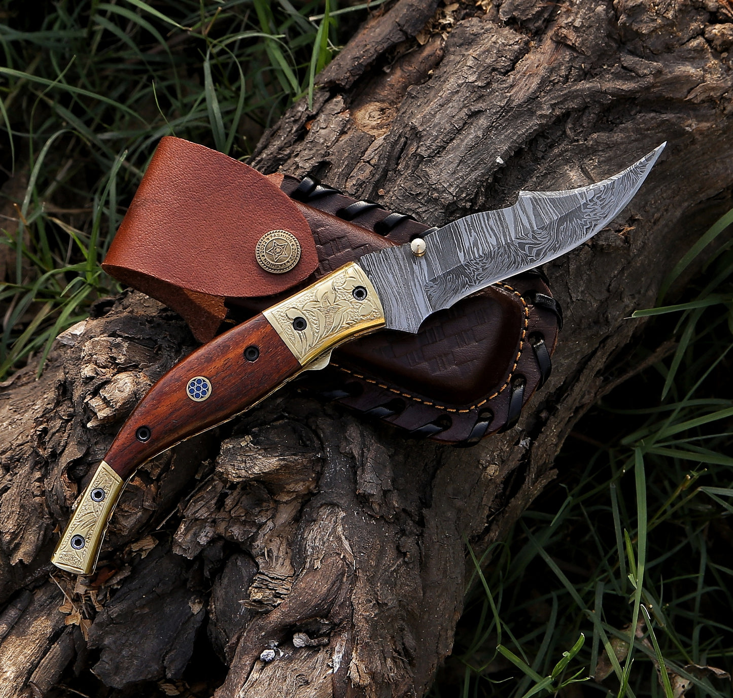 9.5" Damascus Steel Custom Handmade Folding Pocket Knife Rose Wood Handle - TOPHATTER'S ARMORY DEALS Collectible Weapons - Tophatter Daily Deals