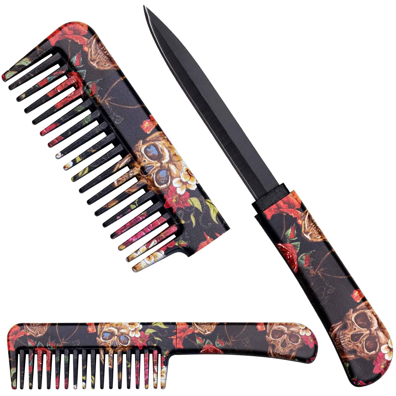 Self Defense Brush Comb With Hidden Knife - Skull and Roses - Tophatter's Guns'N'Weapons Store Collectible Weapons - Tophatter Daily Deals