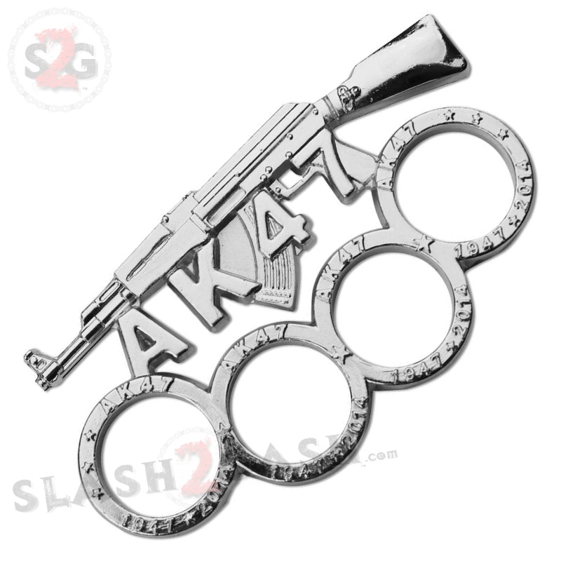 AK-47 Brass Knuckles Gun Themed Paperweight - Silver/Chrome Belt Buckle - Tophatter Daily Deals