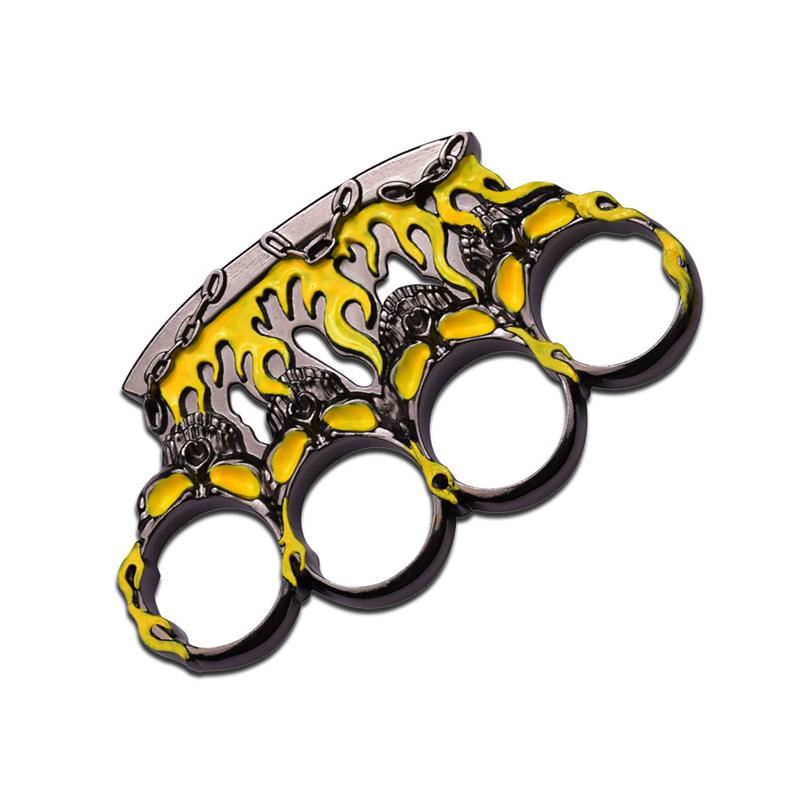Yellow and Gunmetal Flame Skull Brass Knuckle - Tophatter's Guns'N'Weapons Store Collectible Weapons - Tophatter Daily Deals