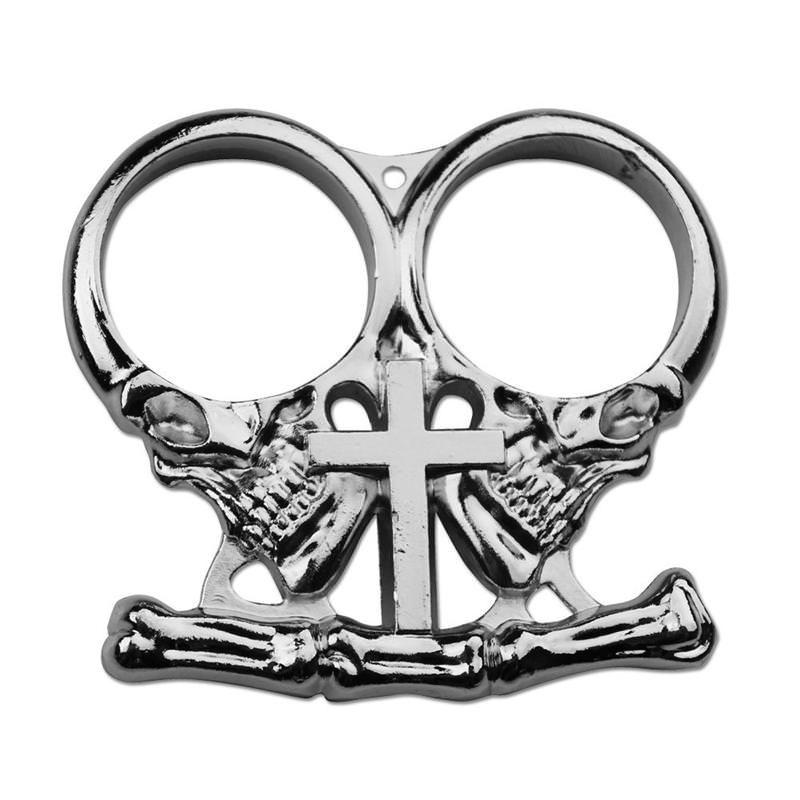 Silver Two Finger Gothic Cross Skull Paperweight Biker Knuckle Duster - Tophatter's Inc. Weapons Store Online Collectible Weapons - Tophatter Daily Deals