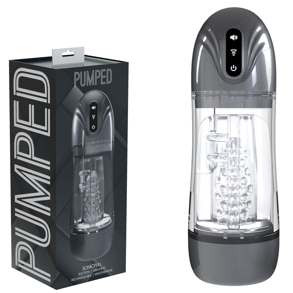 PUMPED SonicPull (Gunmetal Grey/Clear) – USB Rechargeable Sucking Vibrator Masturbator > Sex Toys For Men > Masturbators > Vibrating - Tophatter Daily Deals