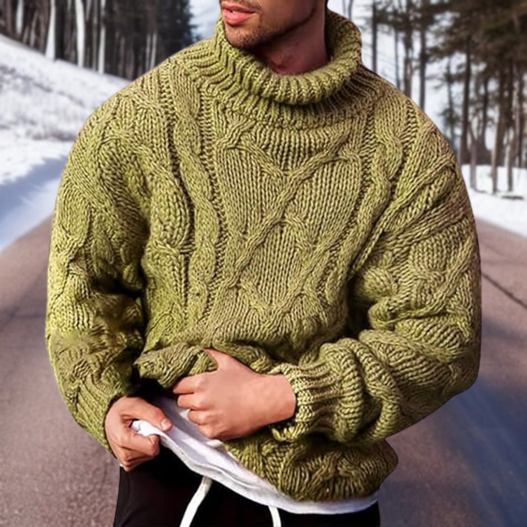 Warm Men's Cable Knit Sweater - Oversized Turtleneck Winter Green - Tophatter Daily Deals