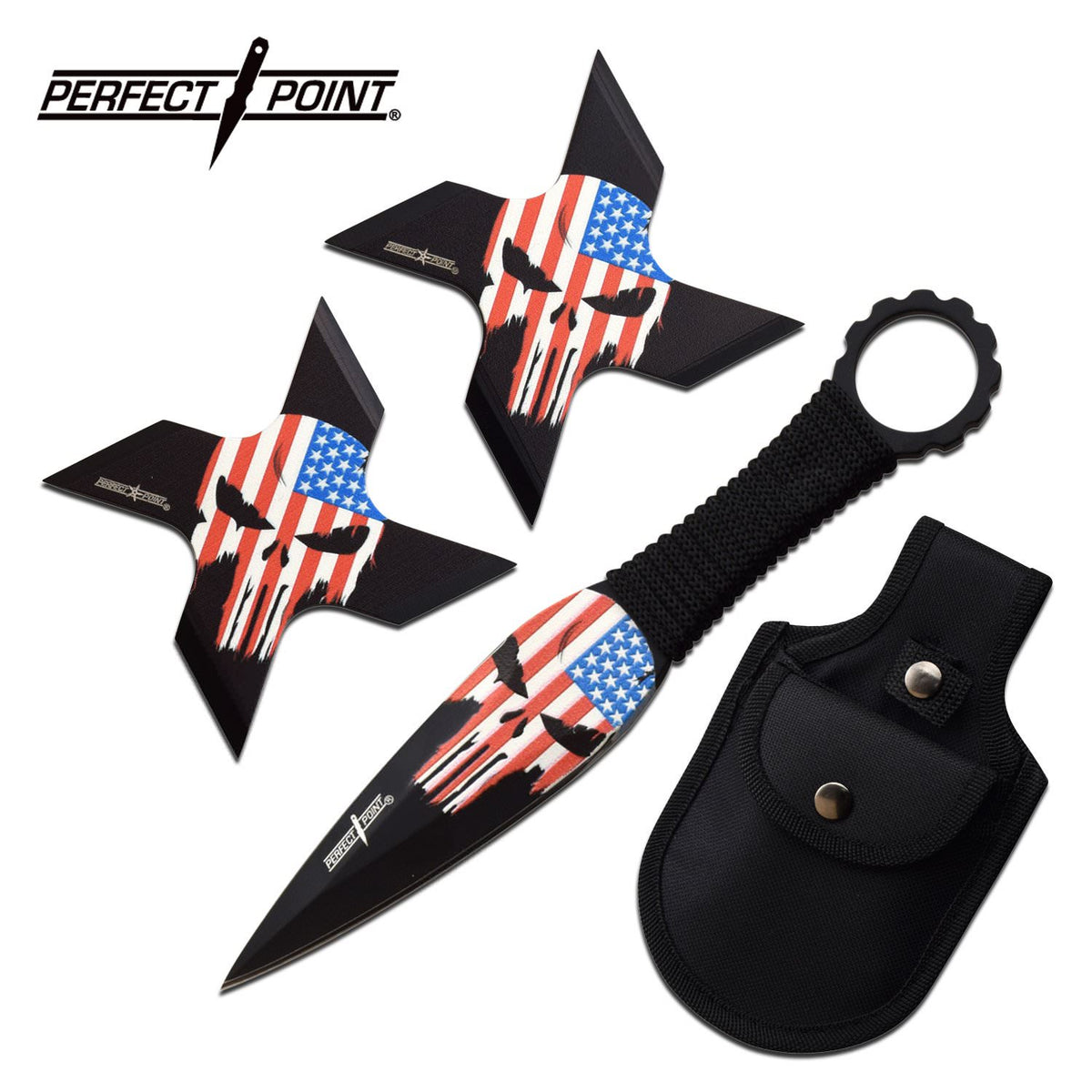 Punisher Throwing Knives and Ninja Star Shuriken USA Flag Set - Tophatter's Inc. Weapons Store Online Collectible Weapons - Tophatter Daily Deals