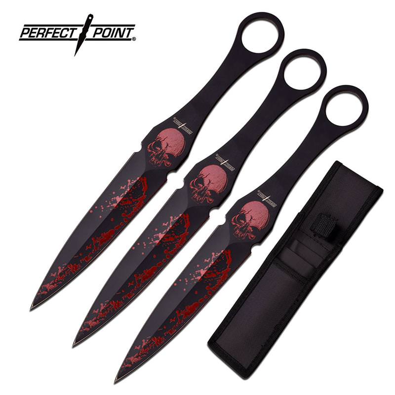Perfect Point Large Red Skull Splatter Throwing Knives - Set of 3 - Tophatter's Guns'N'Weapons Store Collectible Weapons - Tophatter Daily Deals