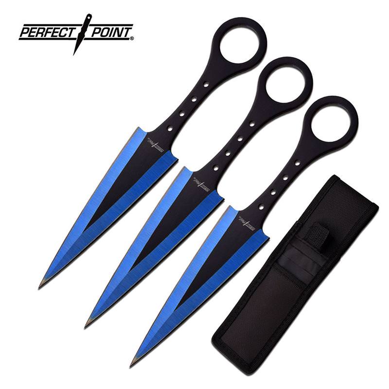 Perfect Point 7.5 Inch 3 Piece Throwing Knife Set Blue Electro Plated and Black Blade - Tophatter's Army Products & Self Defense Collectible Weapons - Tophatter Daily Deals
