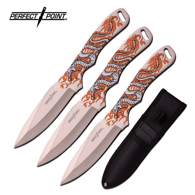 Perfect Point 3 Piece Throwing Knife Set with Dragon Design 8 Inch Overall - Tophatter's Inc. Weapons Store Online Collectible Weapons - Tophatter Daily Deals