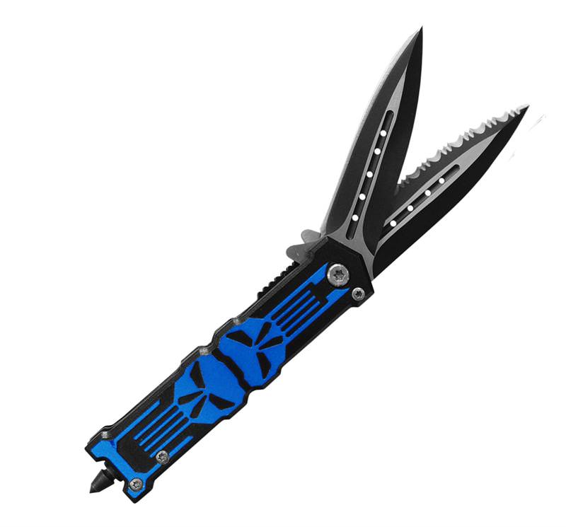 Twin Bladed Punisher Spring Assisted Knife With Glass Breaker Blue Collectible Weapons - Tophatter Daily Deals