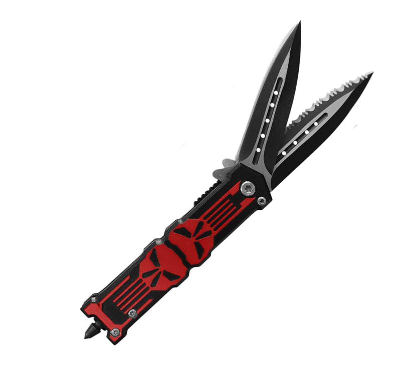 Twin Bladed Punisher Spring Assisted Knife With Glass Breaker Red Collectible Weapons - Tophatter Daily Deals