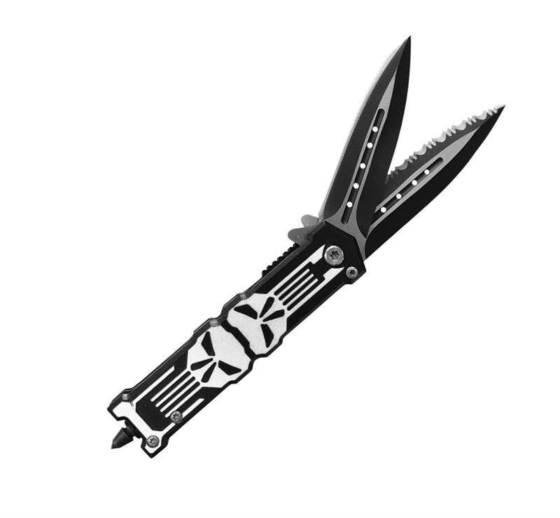 Twin Bladed Punisher Spring Assisted Knife With Glass Breaker Collectible Weapons - Tophatter Daily Deals
