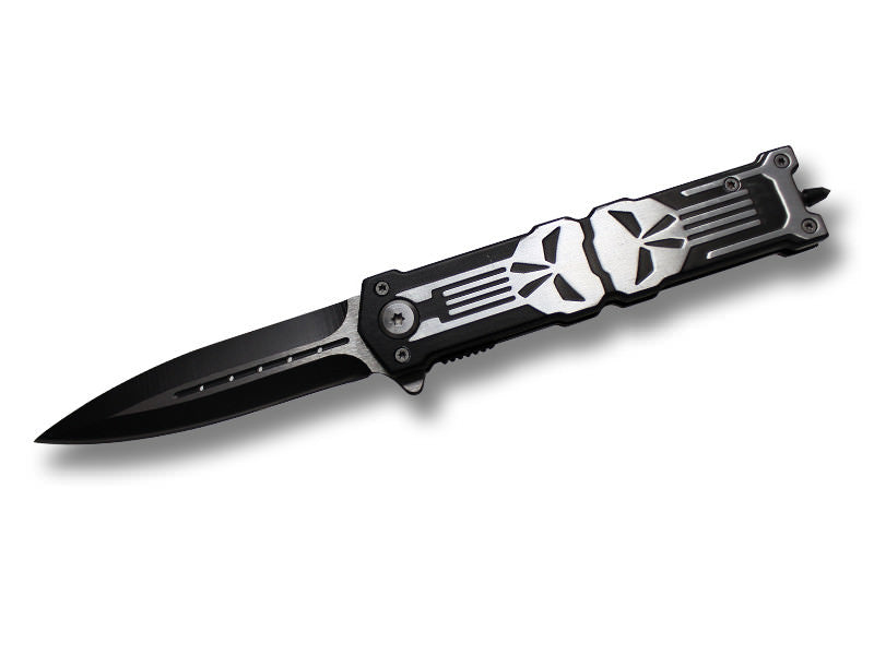 " Punisher " Jumbo 6 Inches Closed Black Stiletto Style Spring Assist Knife - Tophatter's Guns'N'Weapons Store Collectible Weapons - Tophatter Daily Deals