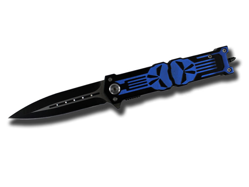 " Punisher " Jumbo 6 Inches Closed Blue Stiletto Style Spring Assist Knife Collectible Weapons - Tophatter Daily Deals