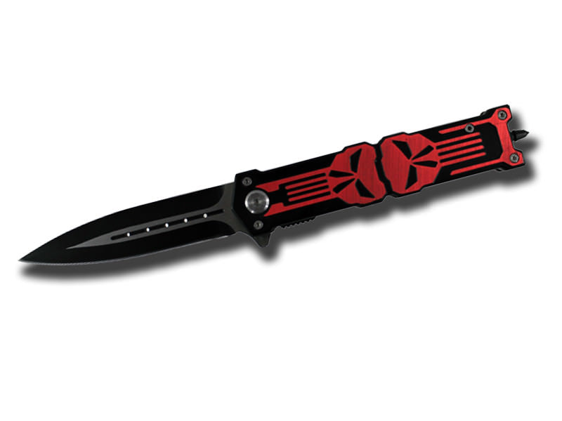 " Punisher " Jumbo 6 Inches Closed Red Stiletto Style Spring Assist Knife - Tophatter's Guns'N'Weapons Store Collectible Weapons - Tophatter Daily Deals