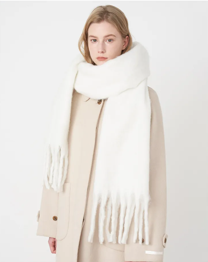 Oversized Women Scarf - Long Fringed Fluffy Wool Winter PURE WHITE - Tophatter Daily Deals