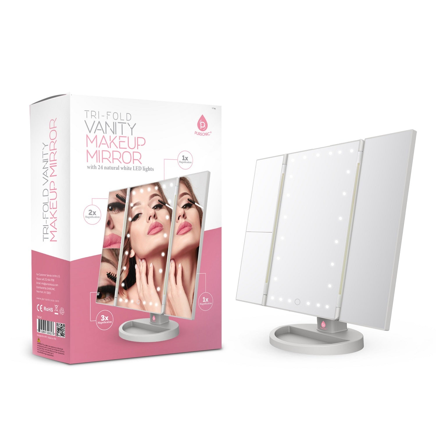 Pursonic Tri-Fold Vanity Makeup Mirror White Mirrors - Tophatter Daily Deals