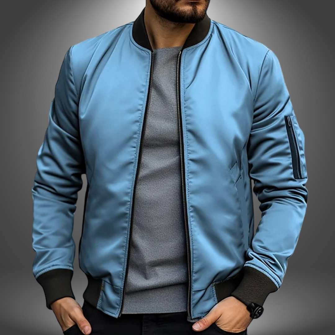 Lightweight Men’s Bomber Jacket – Ribbed Zip, Nylon Light Blue - Tophatter Daily Deals