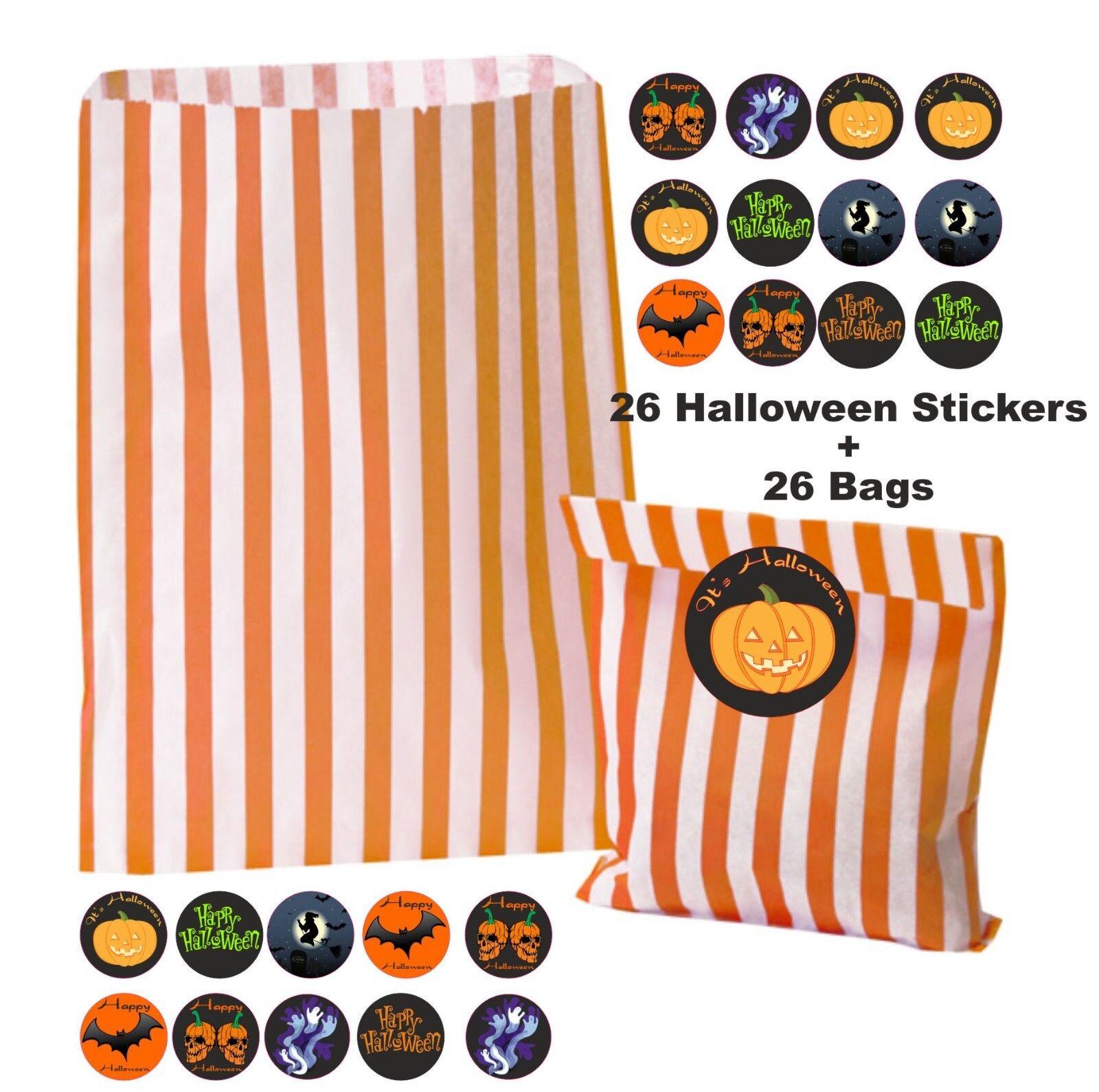 Paper Halloween Bags - 26 Happy Halloween Orange Striped Bags & 26 Stickers for Trick Or Treat Party - Tophatter Daily Deals