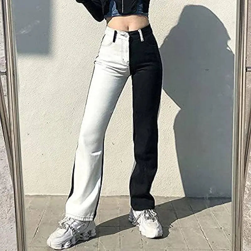 Patchwork Jeans per Le Donne a Vita Alta Stretch Cutoff Distressed Gamba Dritta Denim Jeans Pantaloni Anni '90 Vintage E-Girl Style Y2K Pantaloni Svasati - Tophatter Daily Deals