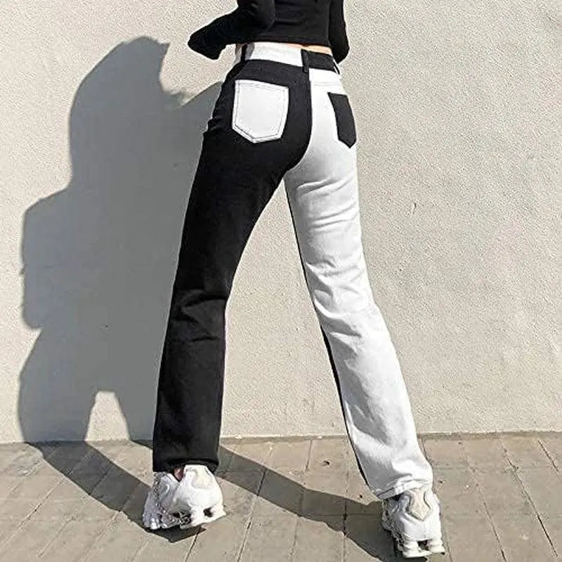 Patchwork Jeans per Le Donne a Vita Alta Stretch Cutoff Distressed Gamba Dritta Denim Jeans Pantaloni Anni '90 Vintage E-Girl Style Y2K Pantaloni Svasati - Tophatter Daily Deals