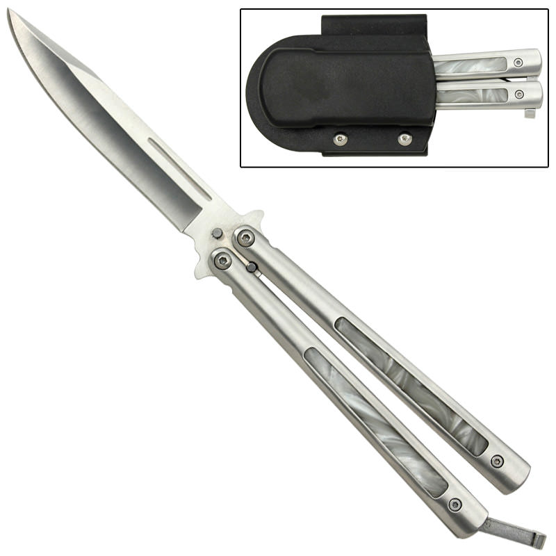 Pearl Marble Silver Butterfly Knife - Tophatter's Army Products & Self Defense Collectible Weapons - Tophatter Daily Deals