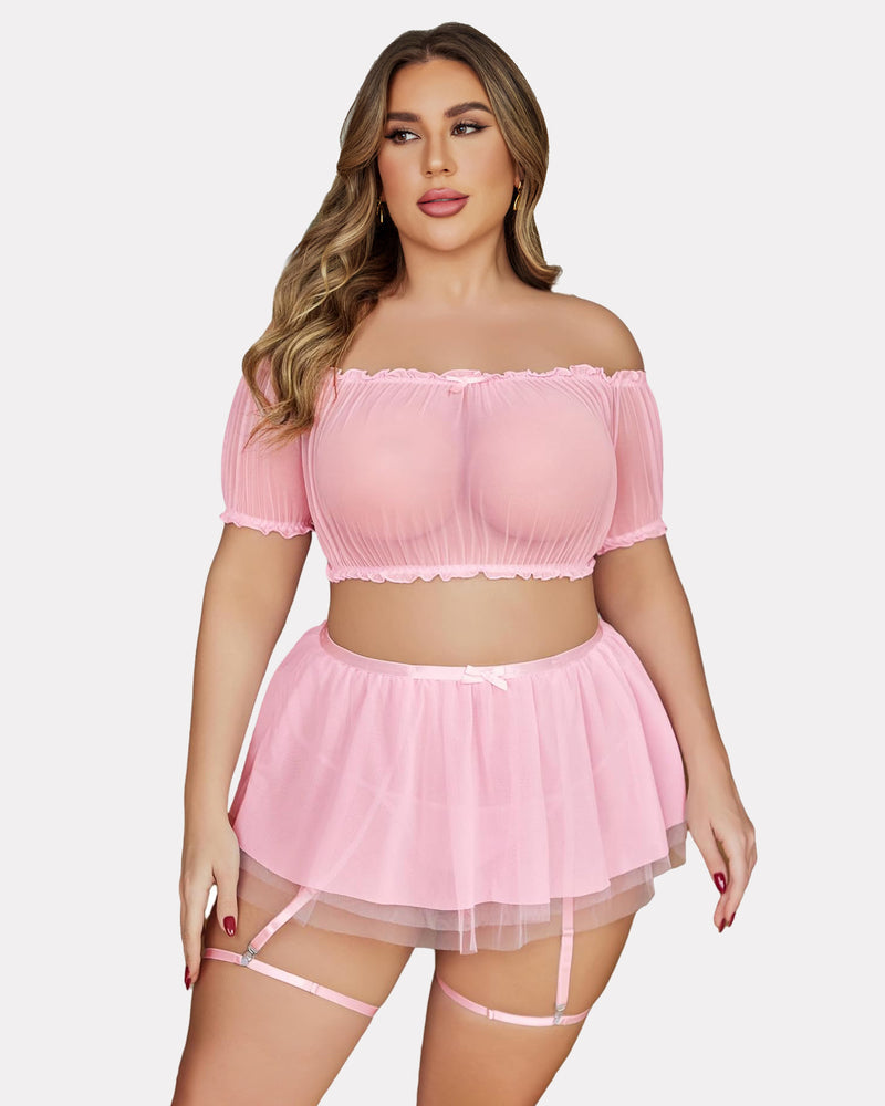Plus Size Garter Mesh Lingerie Set Pink Lingerie Sets-Skirt Sets - Tophatter Daily Deals