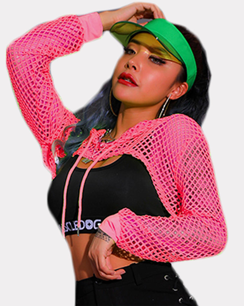 Mesh Hoodie Crop Top Fishnet Shirt (DE Only) Pink Lingeries-Crop tops - Tophatter Daily Deals