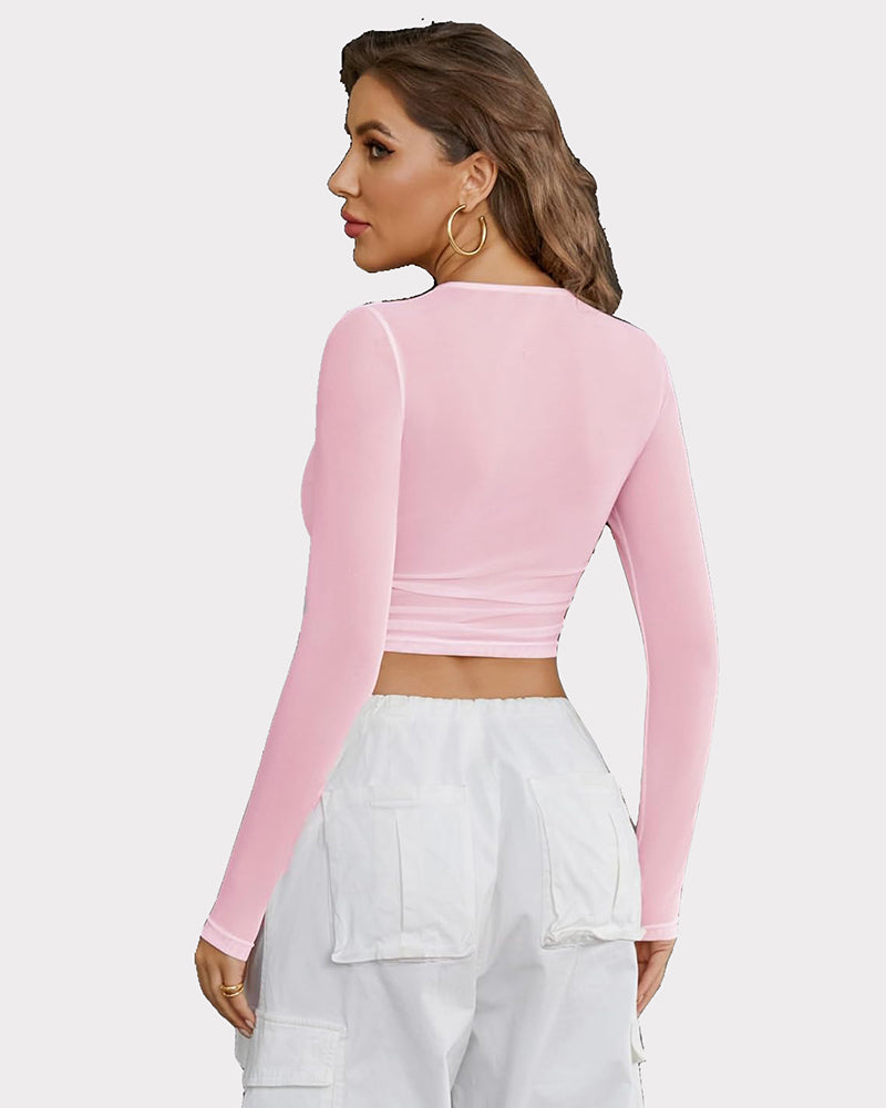 Sheer Mesh Long Sleeve Crop Top Lingeries-Crop tops - Tophatter Daily Deals