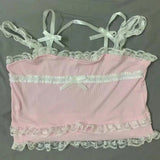 Pink Japanese Kawaii Lolita Crop Top Women White Korean College Style Sweet Tank Top Bow Lace France Princess Vset Female 2025 - Tophatter Daily Deals