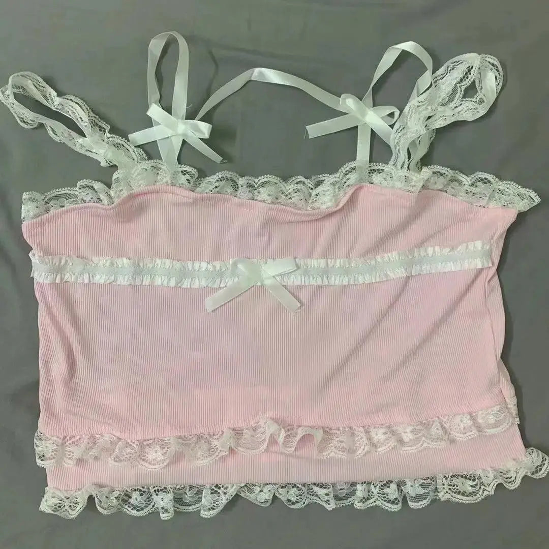 Pink Japanese Kawaii Lolita Crop Top Women White Korean College Style Sweet Tank Top Bow Lace France Princess Vset Female 2025 - Tophatter Daily Deals