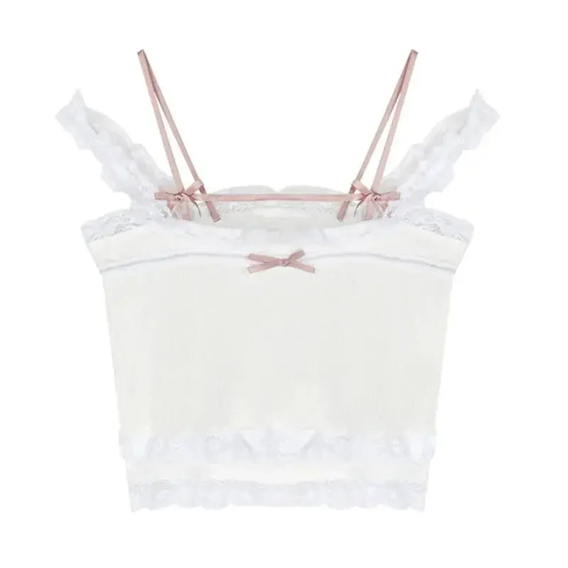 Pink Japanese Kawaii Lolita Crop Top Women White Korean College Style Sweet Tank Top Bow Lace France Princess Vset Female 2025 - Tophatter Daily Deals
