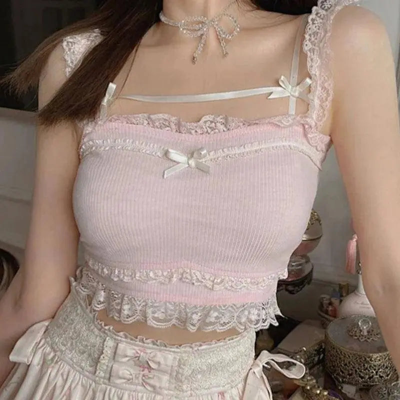 Pink Japanese Kawaii Lolita Crop Top Women White Korean College Style Sweet Tank Top Bow Lace France Princess Vset Female 2025 - Tophatter Daily Deals