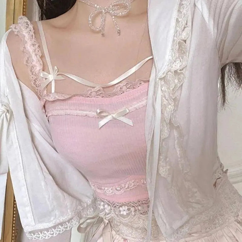 Pink Japanese Kawaii Lolita Crop Top Women White Korean College Style Sweet Tank Top Bow Lace France Princess Vset Female 2025 - Tophatter Daily Deals