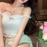 Pink Japanese Kawaii Lolita Crop Top Women White Korean College Style Sweet Tank Top Bow Lace France Princess Vset Female 2025 - Tophatter Daily Deals