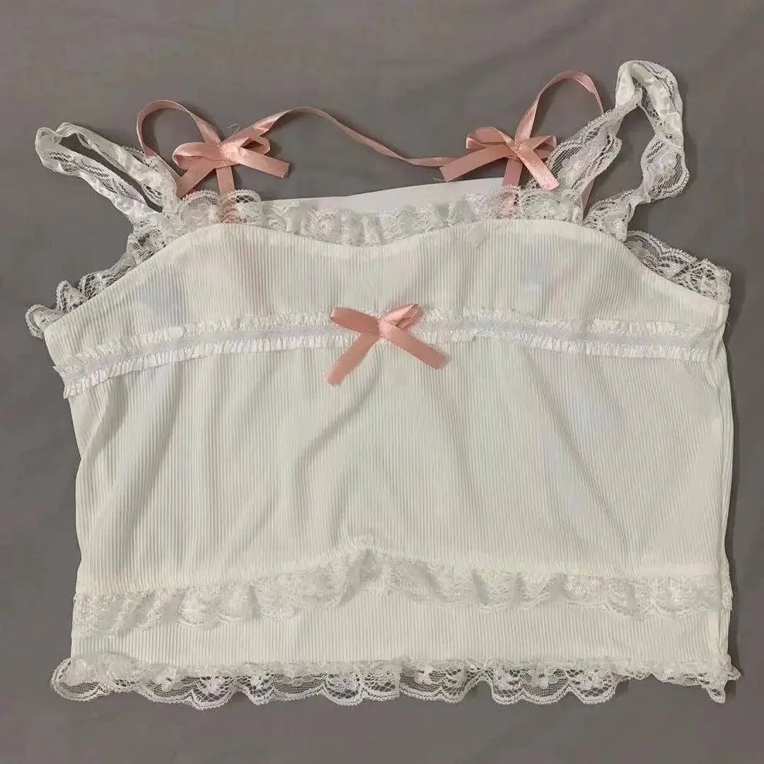 Pink Japanese Kawaii Lolita Crop Top Women White Korean College Style Sweet Tank Top Bow Lace France Princess Vset Female 2025 WHITE L - Tophatter Daily Deals