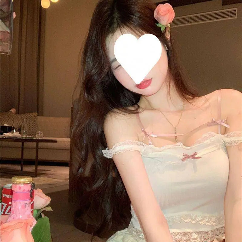 Pink Japanese Kawaii Lolita Crop Top Women White Korean College Style Sweet Tank Top Bow Lace France Princess Vset Female 2025 - Tophatter Daily Deals