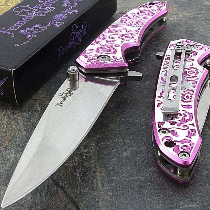 Engraved Pink Rose Femme Fatale Folding Pocket Knife Knives & Knuckles - Tophatter Daily Deals