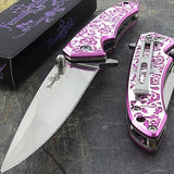 Engraved Pink Rose Femme Fatale Folding Pocket Knife Knives & Knuckles - Tophatter Daily Deals