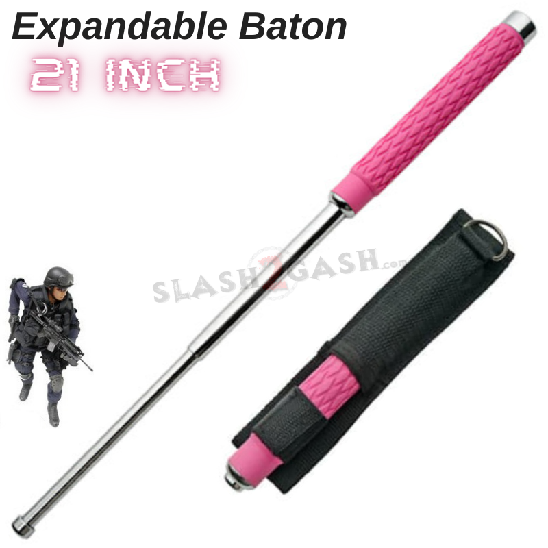 Expandable Pink Baton Metal Police Stick Silver/Chrome - 21