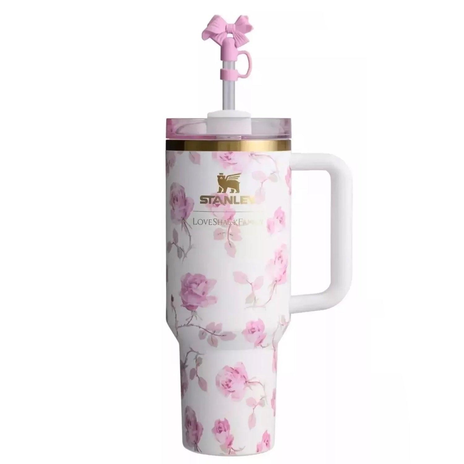 Insulated Straw Tumbler - 30-40 OZ Stanley Quencher H2.0 Tumbler Handle Straw Insulated Bottle Cup Mug Travel Mug for Cold or Hot Drinks Love Shack Fancy 40 OZ (1.2L) Love Shack Fancy (Pink Hibiscus) bottles - Tophatter Daily Deals